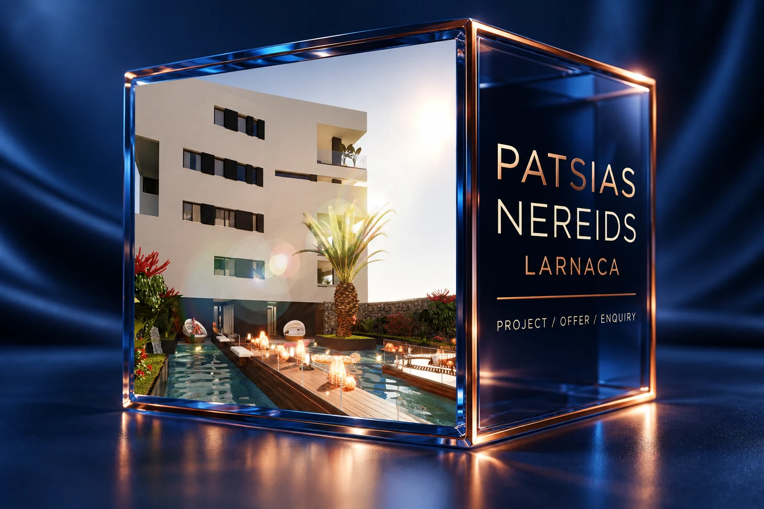 Blue glass identity prism connecting Patsias, Nereids and Larnaca