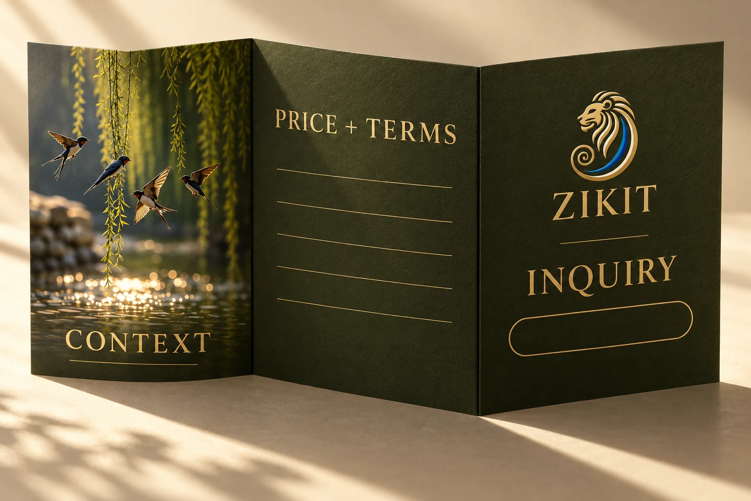 Olive triptych organizing project context, price and payment terms, and the enquiry